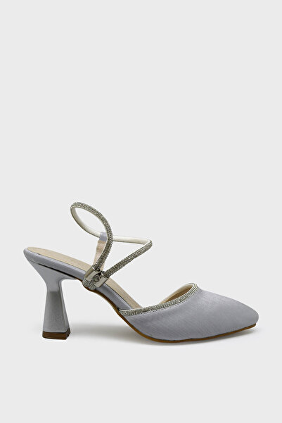 kanuga حذاء نسائي بكعب مزين بالأحجار لفساتين السهرة من الساتان باللون الرمادي...