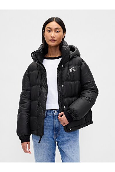 GAP Kadın Siyah Logo Puffer Şişme Mont