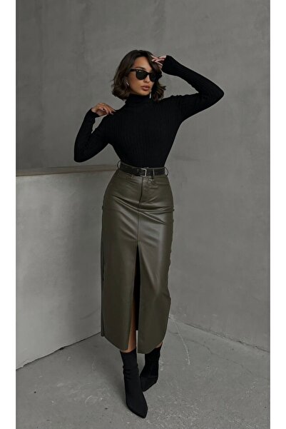 Hilals Butik Suni Deri Önden Yırtmaçlı Etek