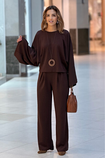 Nevin Kaya Moda Brown Pleated Batwing Sleeve Modal Set