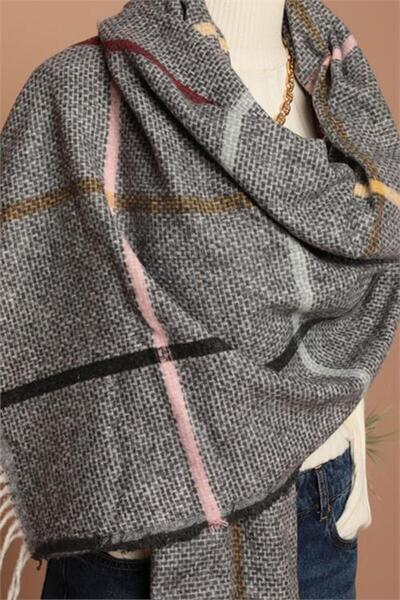 Neşeli Butik Women's Soft Textured Striped Anthracite Shawl Scarf Nbaks034