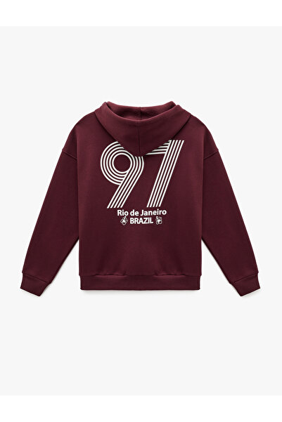 Koton Fleece-Lined Long Sleeve Pocket Zippered Back Printed Hooded Sweatshirt