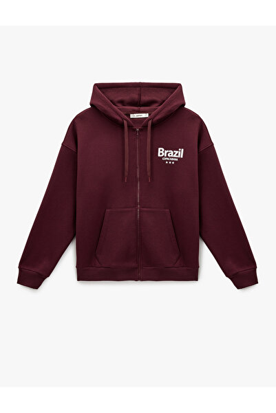 Koton Fleece-Lined Long Sleeve Pocket Zippered Back Printed Hooded Sweatshirt