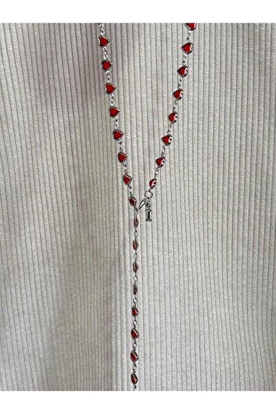 bijoux uniques قلادة نسائية على شكل حرف Y مع قلب أحمر