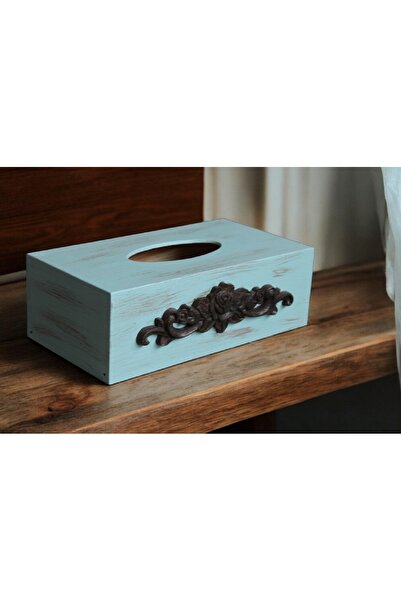 Decoratiuni Vintage Casa Retro Blue wooden napkin box and carved wooden ornament, hand-painted, 13*25 cm
