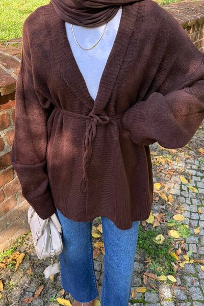 lamelif Knitted Cardigan with Tie Detail Bitter Brown