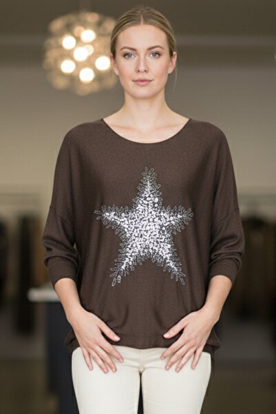 Chiccy Italian Brown Pool Neck Long Sleeve Slim Star Applique Casual Knitwear Blouse 70 70