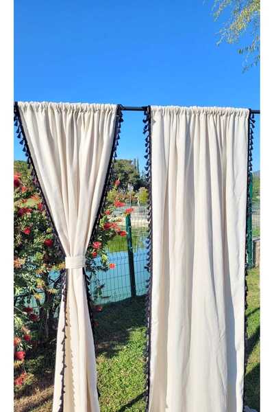 SEVCAN TEKSTİL Rustik Siyah Ponponlu %100 Pamuklu Vintage Keten Perde Tek Kan...