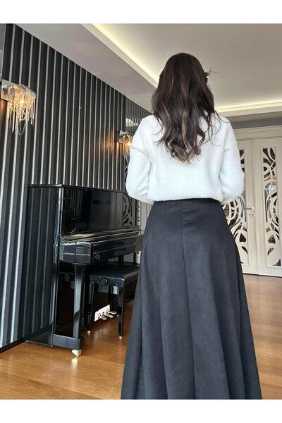 Atelier Derin Black Elastic Waist Suede Bell Skirt