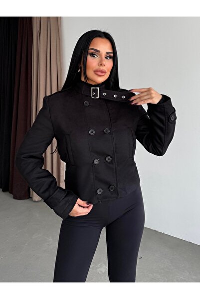 HARMONY GLOBAL Women's Black Buckle Collar and Button Detail Vorse Suede Shor...