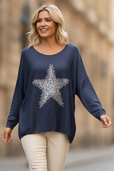 Chiccy Italian Navy Blue Pool Neckline Long Sleeve Slim Star Applique Casual Knitwear Blouse 70 70