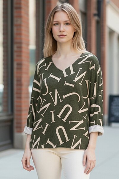Chiccy Italian Khaki V-Neck Long Sleeve Slim Allover Ba Printed Asual Knitwear Blouse 70 70