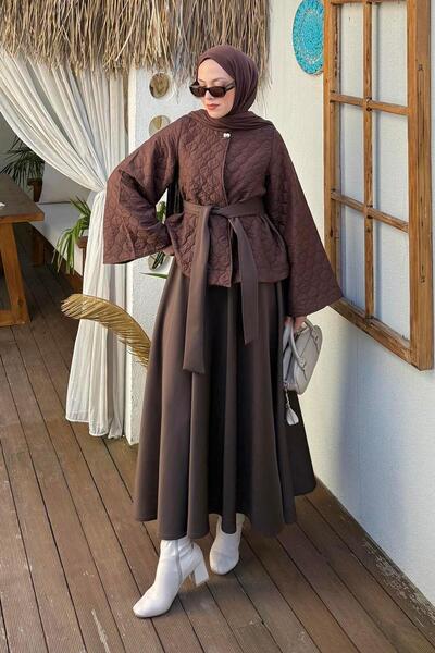 lamelif Scuba Skirted Two-Piece Set Chocolate Brown