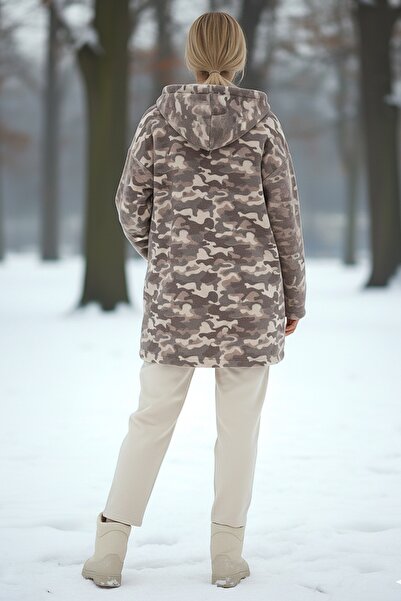 Chiccy Italian Camouflage Beige K Hooded Long Sleeve Casual Cashmere Woven Jacket with Zippered Pockets 80 70
