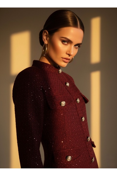 1Moda1Tarz Imported Tweed Fabric Button Detailed Lined Special Design Long Dress