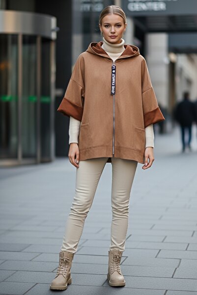 Chiccy Italian Cinnamon Color K Hooded Long Sleeve Casual Suede Woven Jacket with Zipper Pockets 70 65