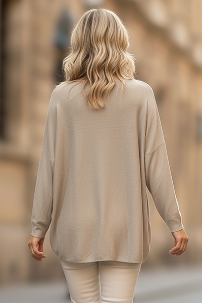 Chiccy Italian Beige Pool Neck Long Sleeve Slim Star Applique Casual Knitwear Blouse 70 70