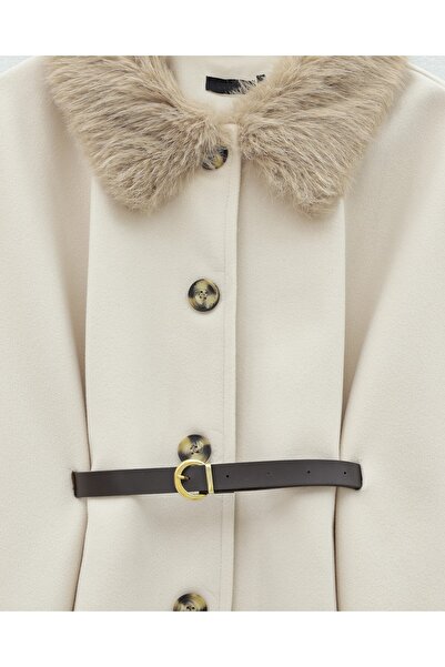 Modamorfo Buttoned Cashmere Poncho with Fur Collar and Belted Waist - Beige