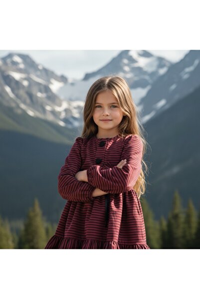 FESSHERA KİDS Φόρεμα για κορίτσια χειμερινό ριγέ φόρεμα με λεπτομέρεια με λαιμόκοψη με φιόγκο με μακρυμάνικο βολάν χειμερινό φόρεμα