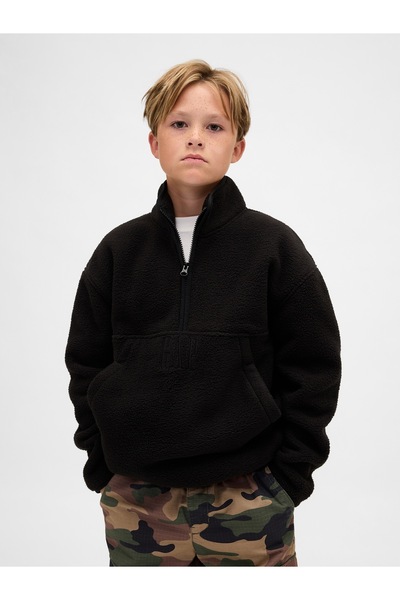 GAP Erkek Çocuk Siyah Sherpa Logo Yarım Fermuarlı Pullover