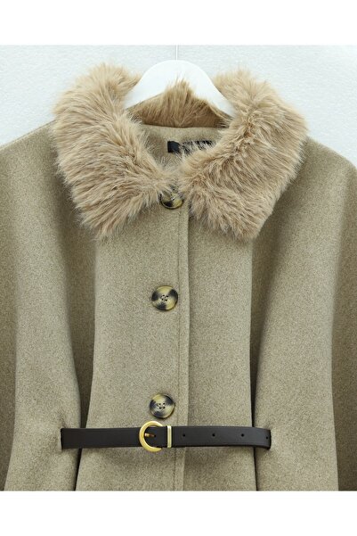 Modamorfo Buttoned Cashmere Poncho with Fur Collar and Belted Waist - Light Mink