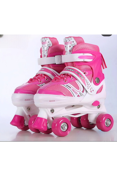 My modern game Power Superb medium-sized adjustable skate shoes (sizes 35-38) with 4 wheels and brakes, red, blue, and pink.