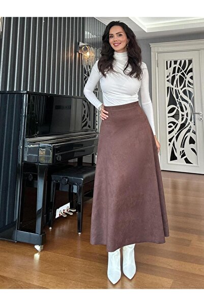 Atelier Derin Brown Elastic Waist Suede Bell Skirt