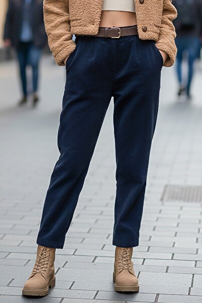 Chiccy Italian Navy Blue Pocketed Belted Elastic Waist Jogger Leg Casual Velvet Woven Trousers 100 65