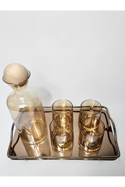 Casalina Set of carafe with wooden stopper, 4 borosilicate glass glasses and metal/mirror tray