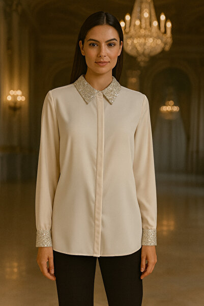 TUSSE Elegant Collar and Sleeve Cuff Sequin Embroidered Plus Size Chiffon Classic Evening Dress Shirt