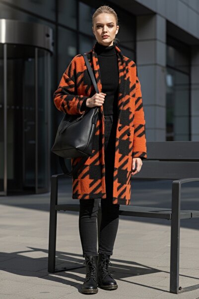 Chiccy Italian Black-Orange Kimono Collar Long Sleeve Houndstooth Unlined Casual Cashmere Woven Jacket with Pockets 100 75