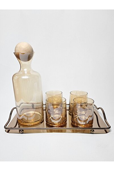 Casalina Set of carafe with wooden stopper, 4 borosilicate glass glasses and metal/mirror tray