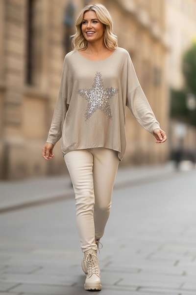 Chiccy Italian Beige Pool Neck Long Sleeve Slim Star Applique Casual Knitwear Blouse 70 70