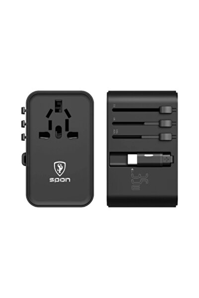 SP SPON محول سفر عالمي بقوة 35 وات مع دعم الشحن السريع وكابل قابل للسحب