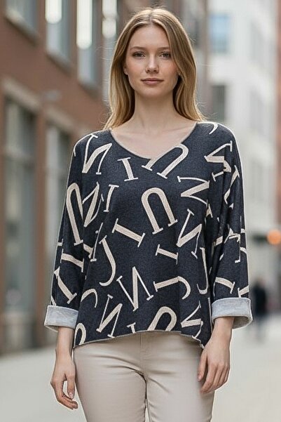 Chiccy Italian Anthracite V-Neck Long Sleeve Slim Allover Ba Printed Asual Knitwear Blouse 70 70