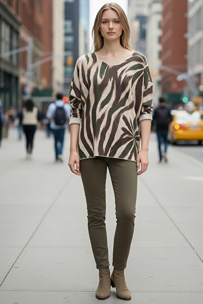 Chiccy Italian Coffee-Beige Pool Neck Long Sleeve Slim Allover Ba Printed Asual Knitwear Blouse 70 70