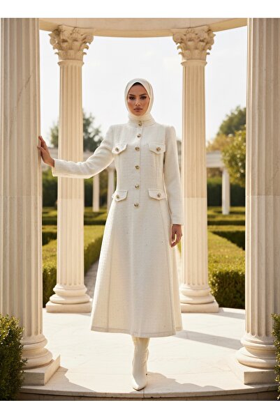 1Moda1Tarz Imported Tweed Fabric Button Detailed Lined Special Design Long Dress