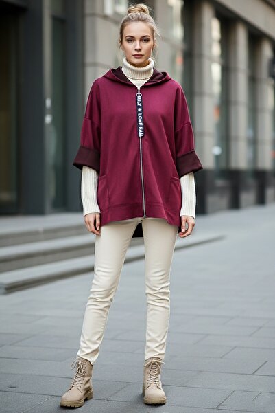 Chiccy Italian Plum Color K Hooded Long Sleeve Casual Suede Woven Jacket with Zipper Pockets 70 65