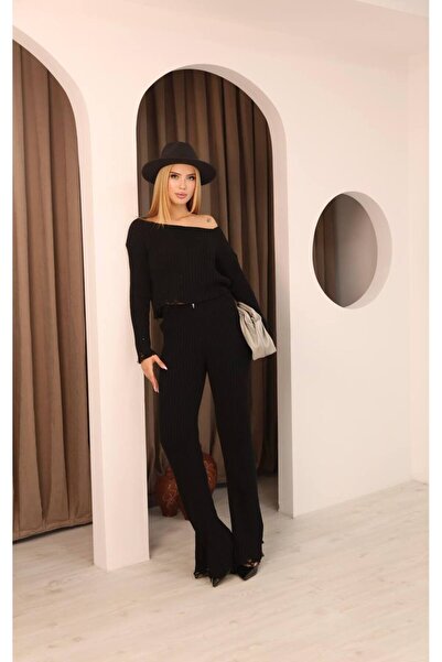 GRODYT Grody.T Women's Black, Long-Sleeved Corded Fabric Ribbed Knitwear Fabric with Gathered Details Is a Top-And-Bottom Set.