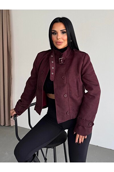 HARMONY GLOBAL Women's Burgundy Buckle Collar and Button Detail Vorse Suede Short Jacket – Elegant Posture, Stylish Suede Coat 7615