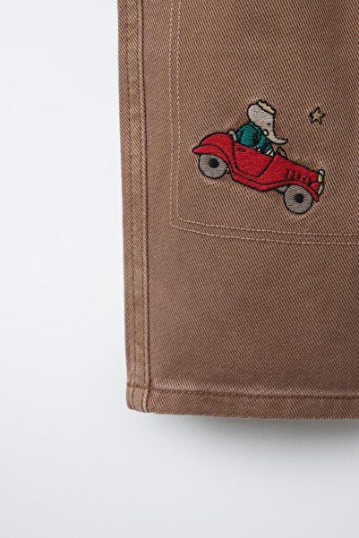 Magu Boy's Cotton Brown Car Embroidered Trousers – Elasticated Comfortable Fit