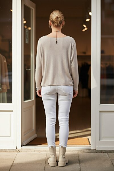 Chiccy Italian Beige Pool Neck Long Sleeve Slim Collar Casual Knitwear Blouse 70 65