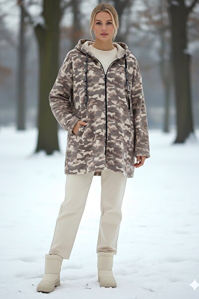 Chiccy Italian Camouflage Beige K Hooded Long Sleeve Casual Cashmere Woven Jacket with Zippered Pockets 80 70