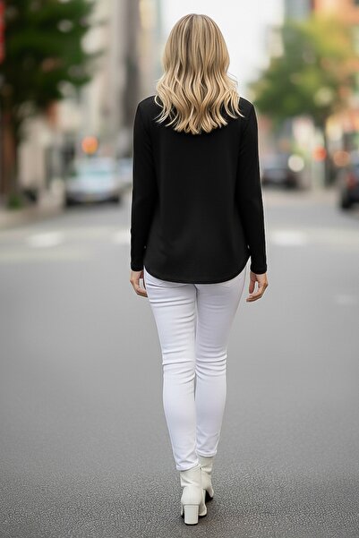 Chiccy Italian Black Pool Collar Long Sleeve Slim Necklace Casual Knitwear Blouse 70 65