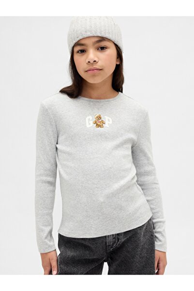 GAP Kız Çocuk Açık Gri Nakışlı Logo T-Shirt
