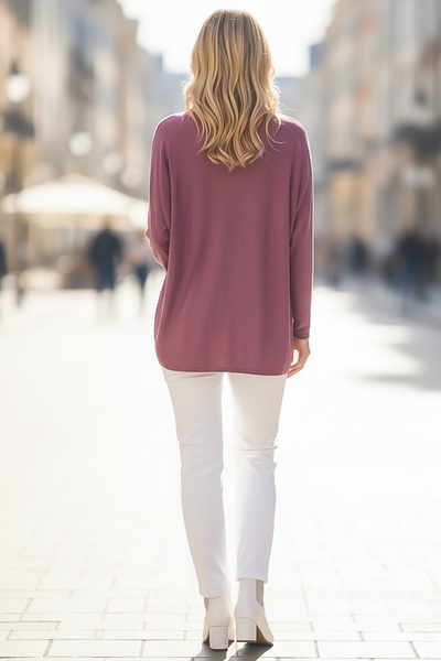 Chiccy Italian Plum Color V-Neck Long Sleeve Slim Washed Collar Skirt and Sleeve Tip Lurex Drawstring Knitwear Blouse 70 68