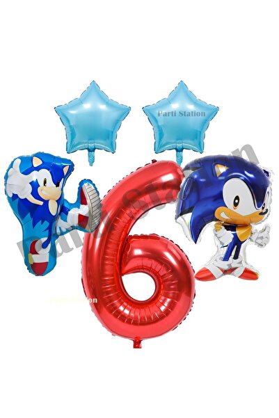 Parti Station مجموعة بالونات سونيك بوم باللون الأحمر لعمر 6 سنوات، مجموعة بالونات من الفويل على شكل أرقام، مجموعة بالونات بمفهوم سونيك