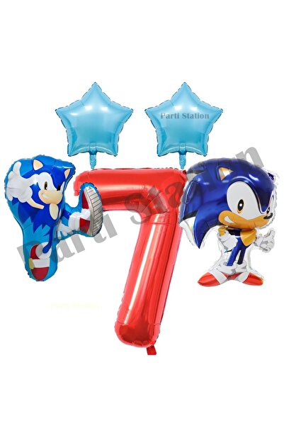 Parti Station مجموعة بالونات سونيك بوم باللون الأحمر لعمر 7 سنوات، مجموعة بالونات من الفويل على شكل أرقام، مجموعة بالونات بمفهوم سونيك