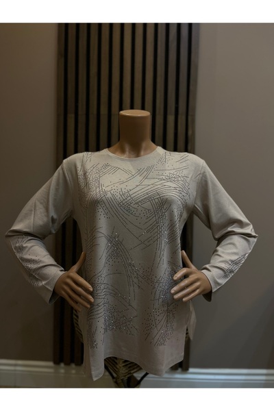 AKMAVİ Kadın Orta Yaş Ve Üzeri Pano Desenli Taşlı Bej Anne Penye Bluz