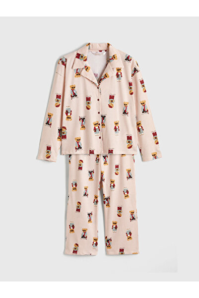 LC Waikiki Set de pijamale pentru femei Bej Shirt Collar Bear Teddy cu imprimeu